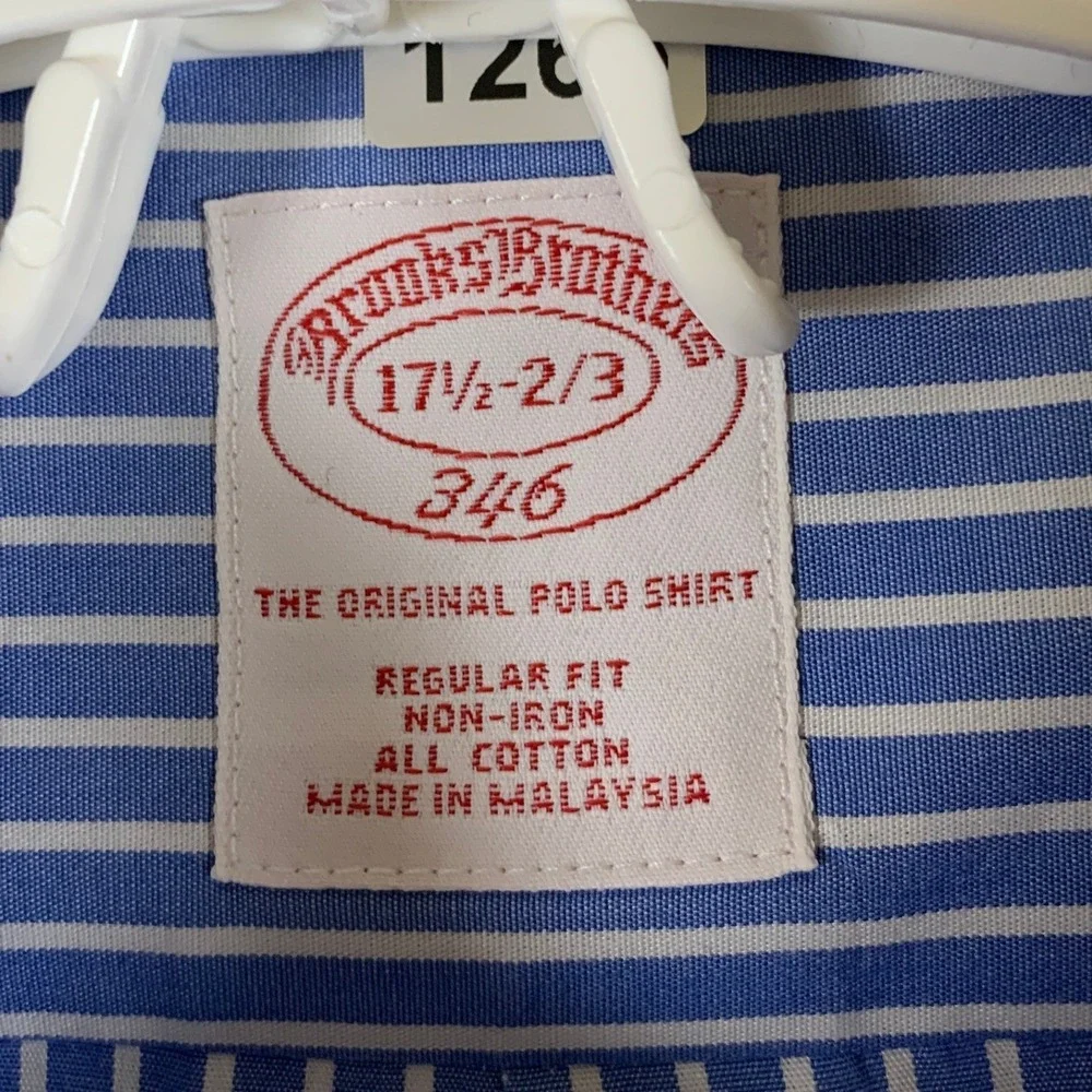 Brooks Brothers Men 17.5 2-3 Blue White Stripe Button Down Shirt Non Iron Cotton